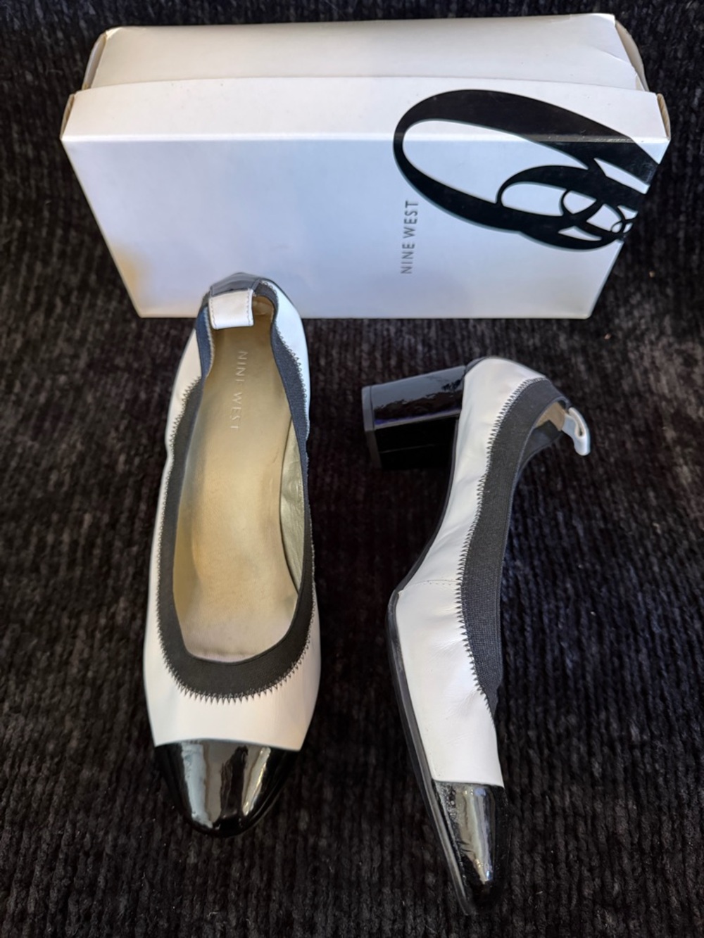 Nine West Black and White Patent Toe Block Heel Pumps